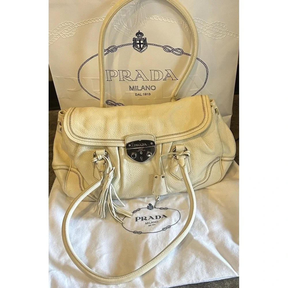 Prada  Leather Vitello Daino Push Lock Shoulder Bag Authentic - Picture 3 of 16